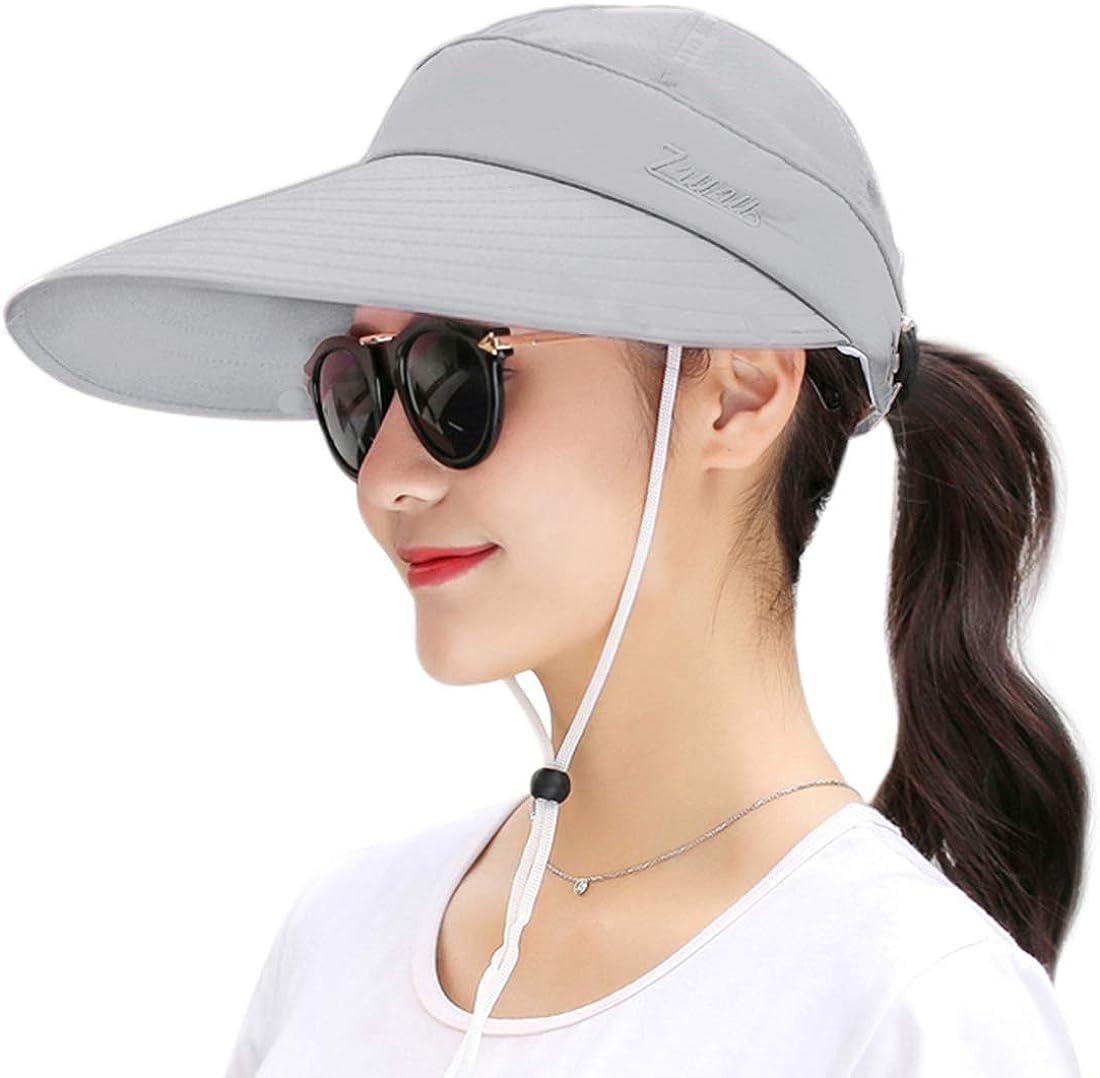 Women Sun Wide Brim Uv Protection Fishing Hats Foldable Ponytail Summer Hat  With Detachable