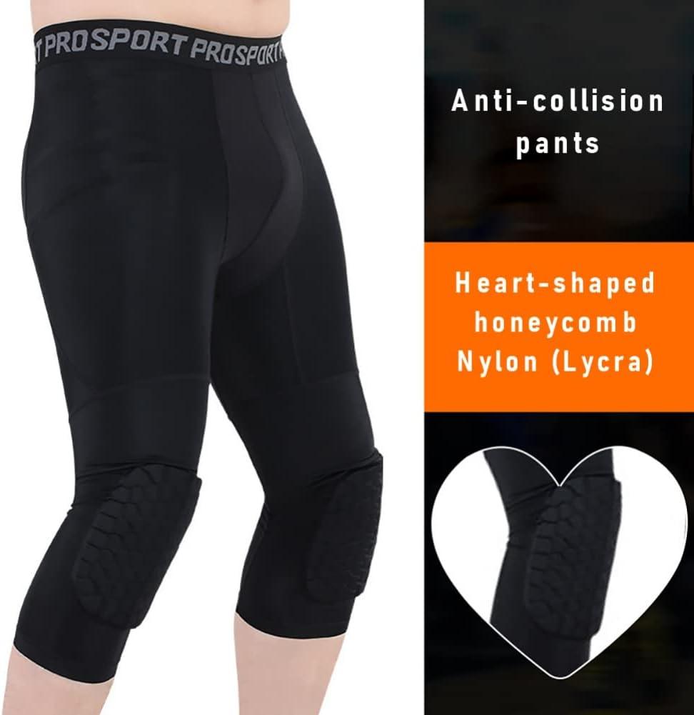 Basketball Pants with Knee Pads, Black/White Knee Pads Compression Pants,  3/4 Capri Leggings 