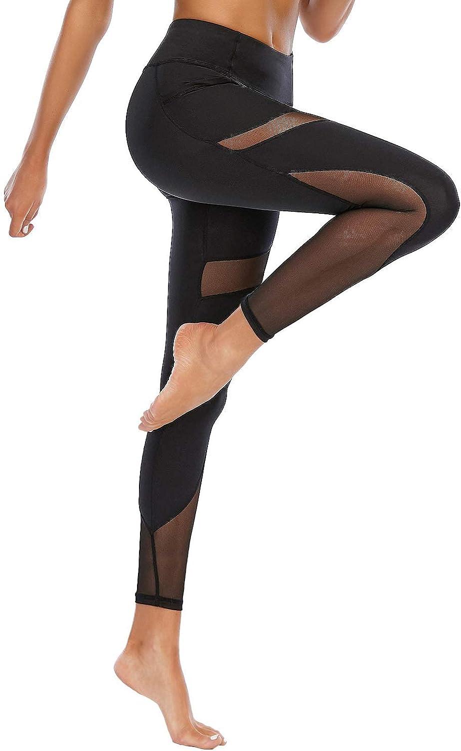 Mesh High Waist Yoga Leggings Non See-through Tummy Control Black