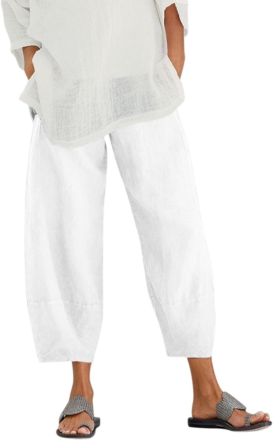 QWENTMTNTY Plus Size Capris Pants for Women Cotton Linen Wide Leg