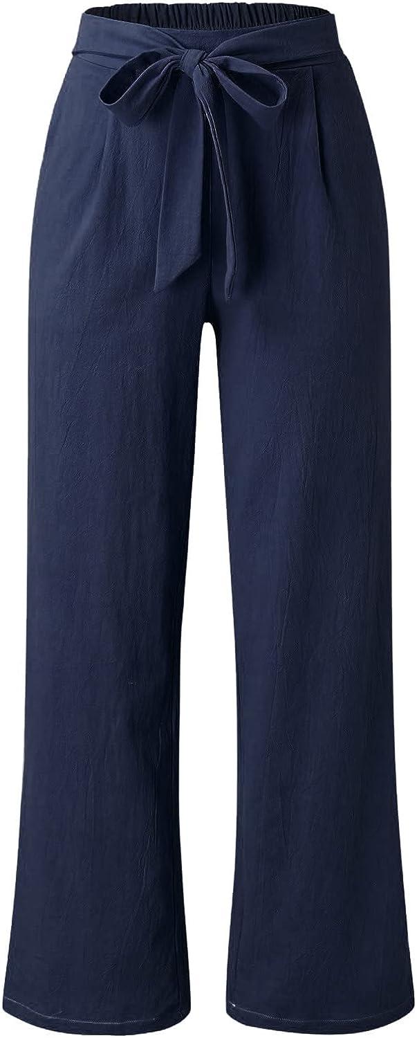 Plain Straight Loose Wide-Leg pants for Women Elastic Waist Cotton Soft  Trousers