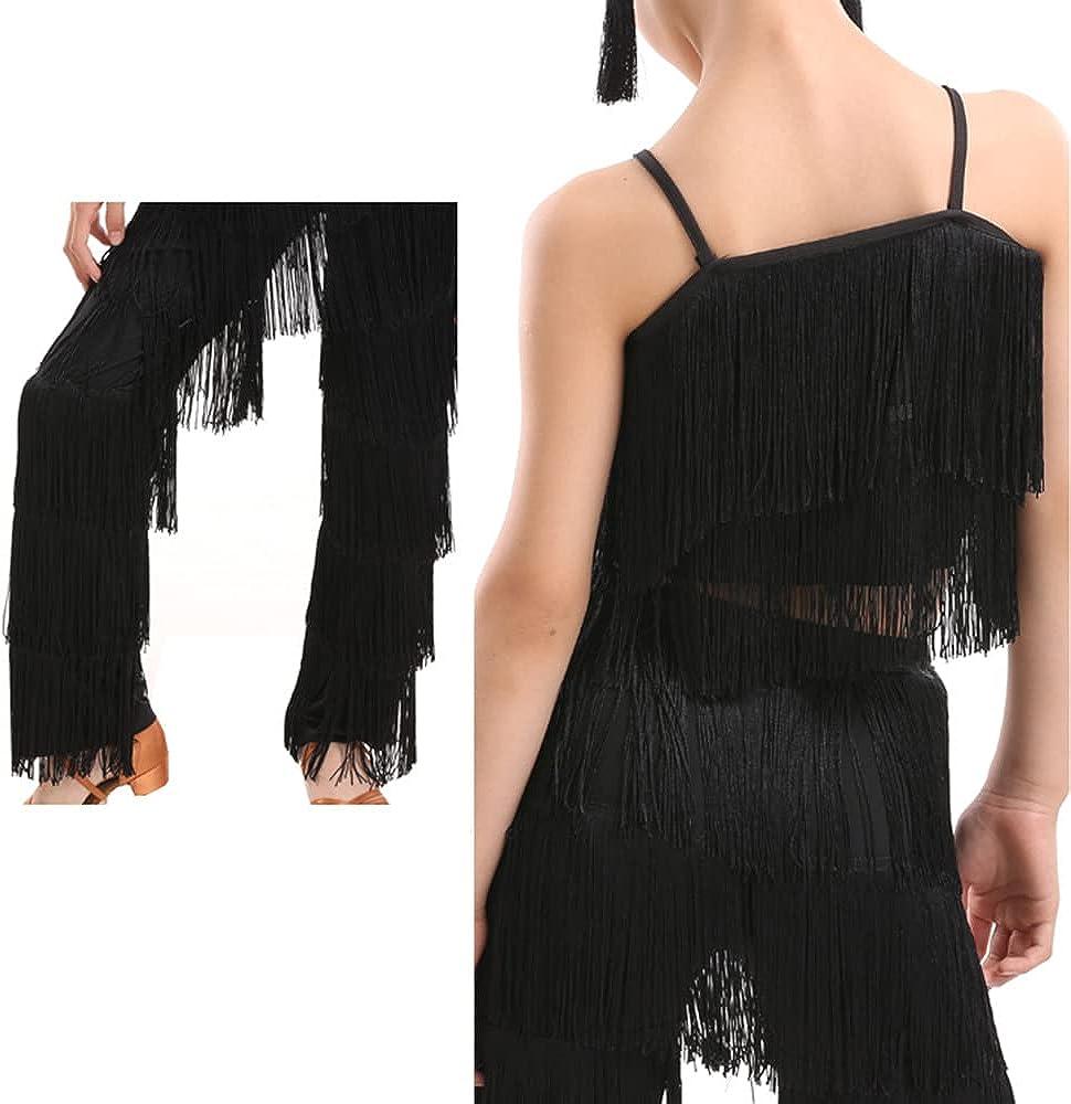 Girls 2 Piece Latin Ballroom Dance Costume Set Tassel Camisole Fringe Pants  Modern Salsa Dancewear 7-8 Years Black