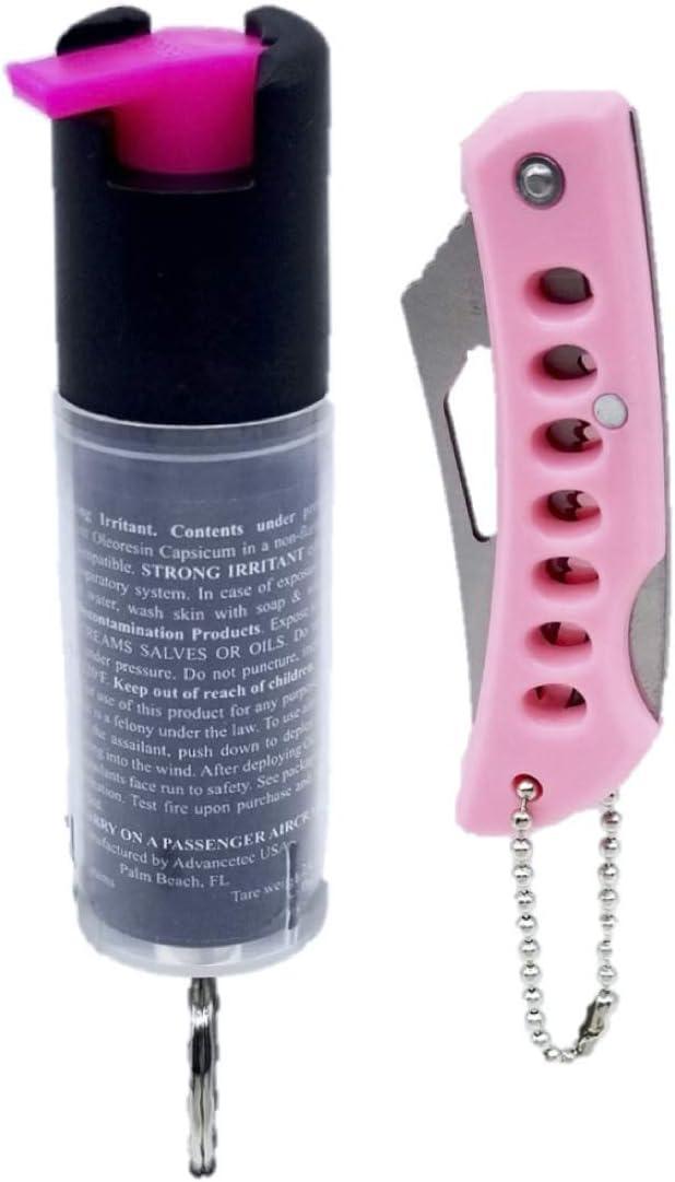 Pink Ladies Self Defense Set - Stun Gun Pepper Spray Spring Assisted Pocket  Knife And Knuckle Keychain Tool
