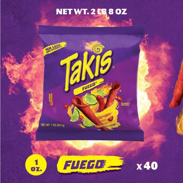 Takis Fuego Rolled Tortilla Chips, Hot Chili Pepper and Lime Artificially  Flavored, Box of 40 Individual Bags, 1 Ounce Each, Net Weight 2 Pounds 8  Ounces (1.13 Kilograms) Rolled Fuego 1 Ounce (Pack of 40)