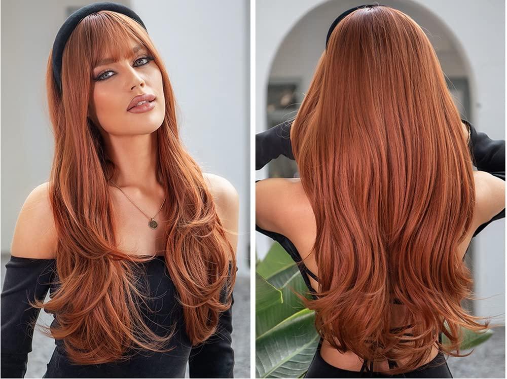 Dropship Brown Copper Ginger Long Straight Synthetic Wigs For Women Natural  Wave Wigs With Bangs Heat Resistant Cosplay Hair to Sell Online at a Lower  Price