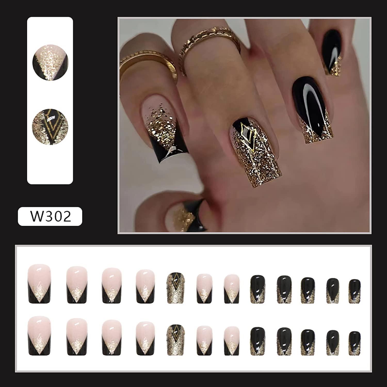 Square Press on Nails Medium White Fake Nails Gold Foil Glue on Nails with  Marble Glossy Acrylic full cover for Women and Girls 24Pcs