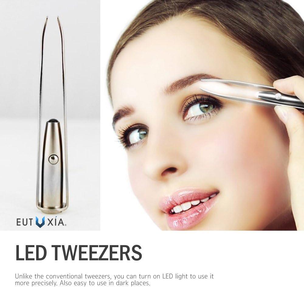  Eutuxia Tweezers with LED Light. Eyebrow and Eyelash Hair  Removal Tool. Pluck & Trim Unwanted Hairs. Illuminate Dark Areas with  Bright Lighting for Better Accuracy & Precision. Stainless Steel. 