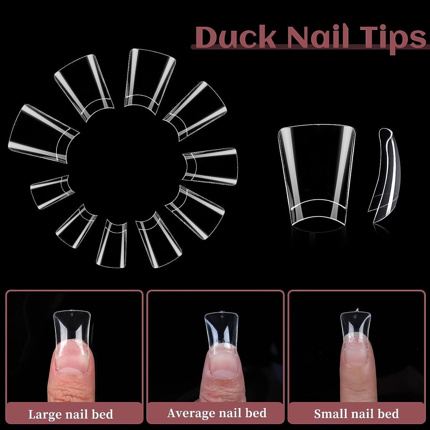 Duck Nail Tips 500Pcs Clear Duck Feet Fan Flare Tips for Acrylic Nails Y2K  Style Curved Nail Tips 10 Sizes Half Cover Wide French Nails with Box and Nail  Charms