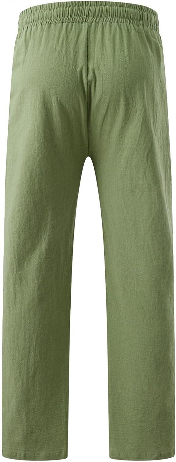 YUNDAN Men Cotton Linen Casual Pants Wide Leg High Waist Sweatpants  Drawstring Regular Fit Print Yoga Pants Trouser Sleepwear Green X-Large