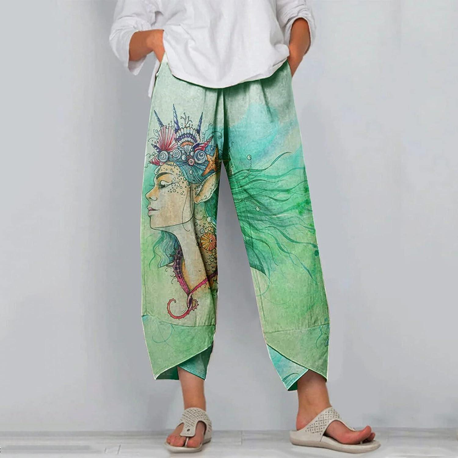 Womens Cotton Linen Pants Casual Elastic Waisted Capri Pants Solid Color  Leg Petite Jogger Cropped Pants with Pockets