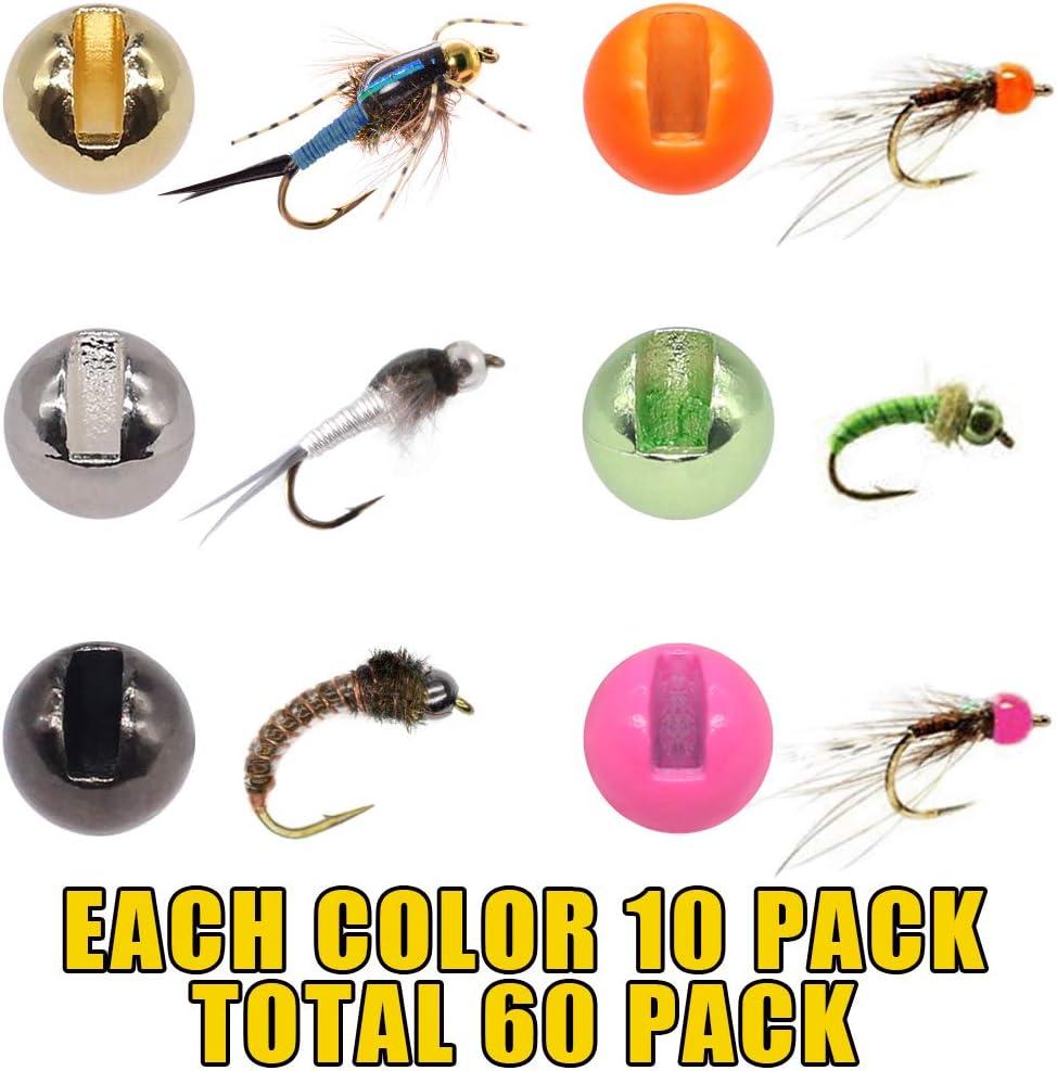 XFISHMAN Tungsten-Slot-Beads-Fly-Tying-Beads-Heads-Assortment Fly Tying  Materials Nymph for Fly Fishing Slotted Tungsten Beads 60 Pack 1/8 3.3mm(6  colors )60 Pack