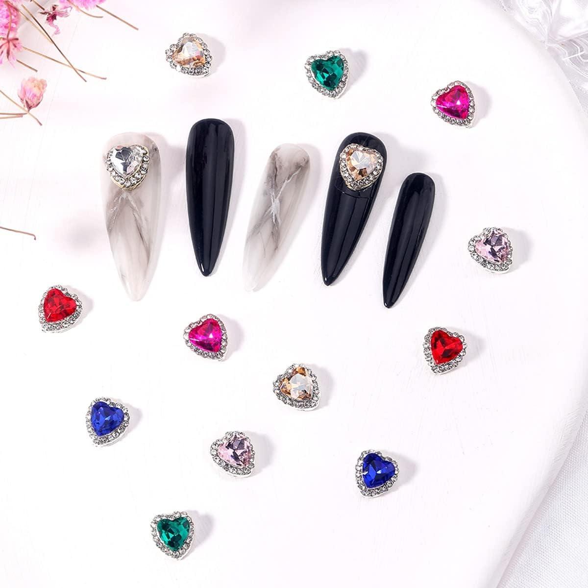 qiipii 30 Pcs Heart Nail Charms for Nails Valentine's Day 3D Heart Nail  Rhinestones Nail Gems 6 Color Love Crystals Diamonds Alloy Studs Nail Art