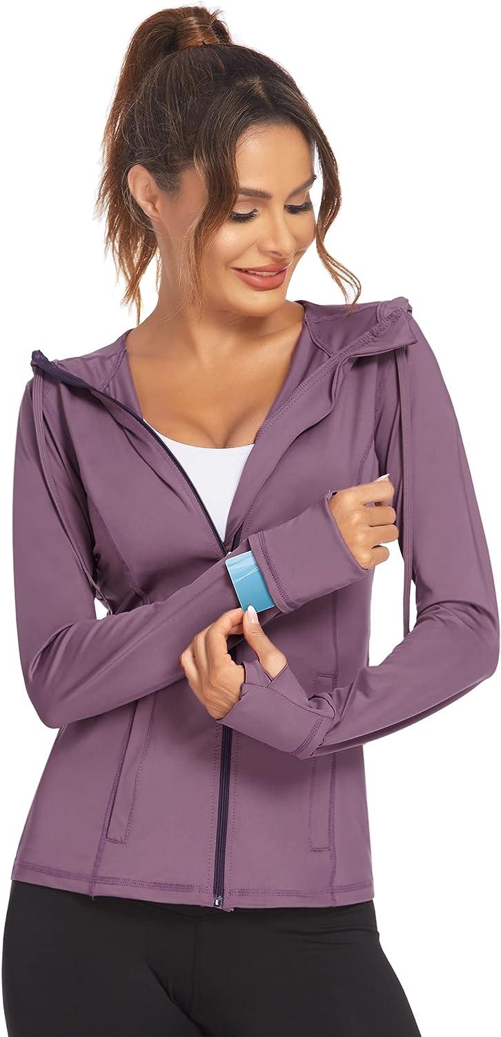 Mokermi Women's Running Jacket Full Zip Athletic Hoodie Lightweight  Sportswear Fit Sports Yoga Workout Track Jacket Purple-hooded Medium