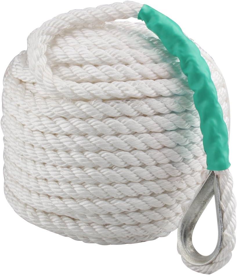 Boat Anchor Rope 200 ft x 1/2 inch Polypropylene Rope 3 Strand Twisted  Anchor Line for Sailboat Sled Line Mooring with Thimble 5850LB Breaking  Strain 1/2 inch 200 ft