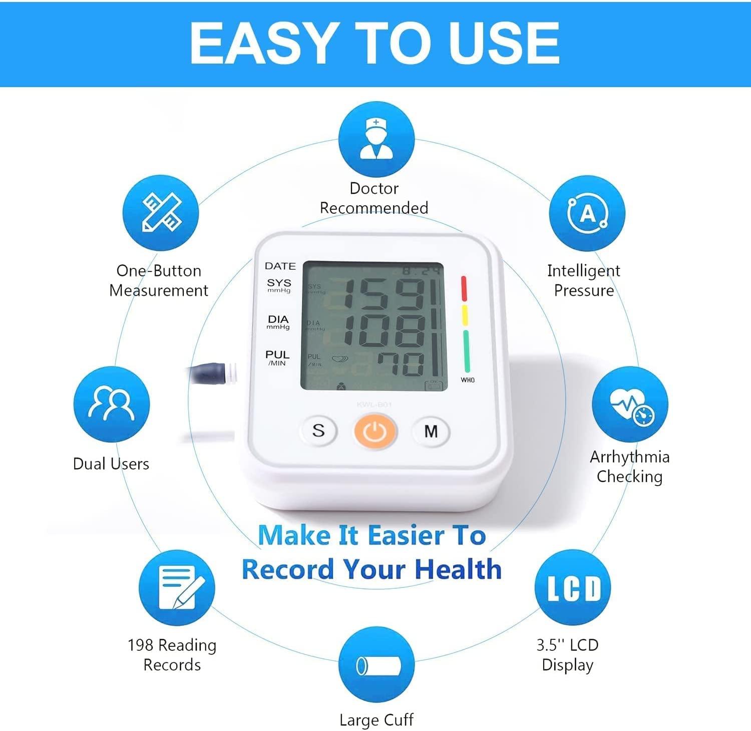 Dartwood Digital Blood Pressure Monitor - Upper Arm Blood Pressure Machine with Large LED Screen, Double Memory Function