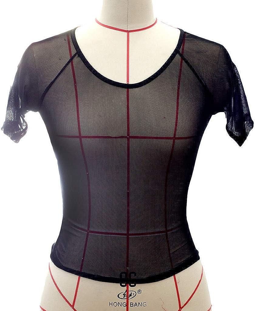 See Through Crop Tops for Women Sheer Mesh Lingerie Short Sleeve Crewneck  Black Sexy Shirts Casual Tops Black XX-Large