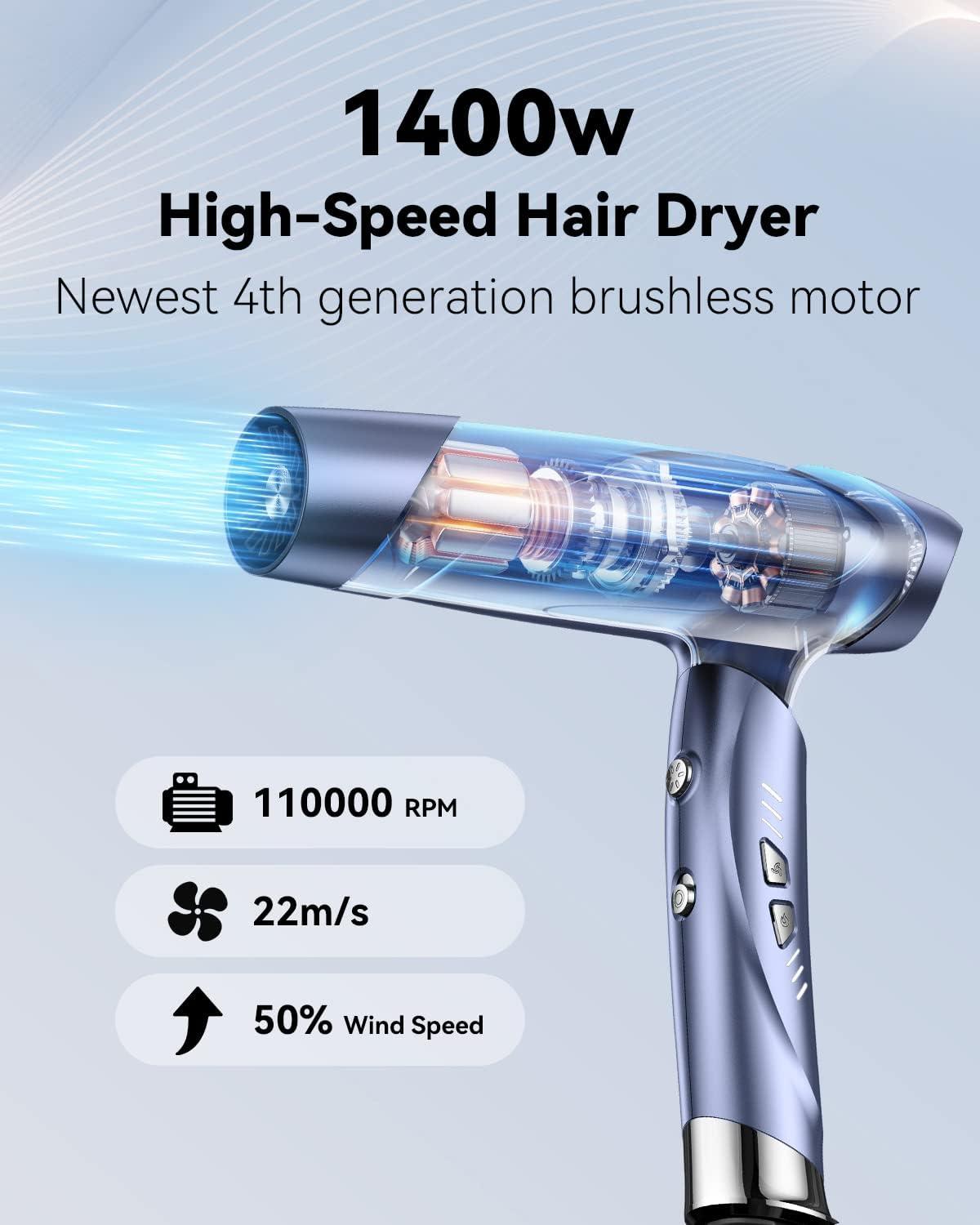 Hair Dryer Ionic Blow Dryer with 110 000 RPM Brushless Motor Professional  High-Speed Fast Drying Low Noise Salon Hair Dryer with Neutralizing Ion  Folding Portable Travel Hair Dryer -Silver Blue