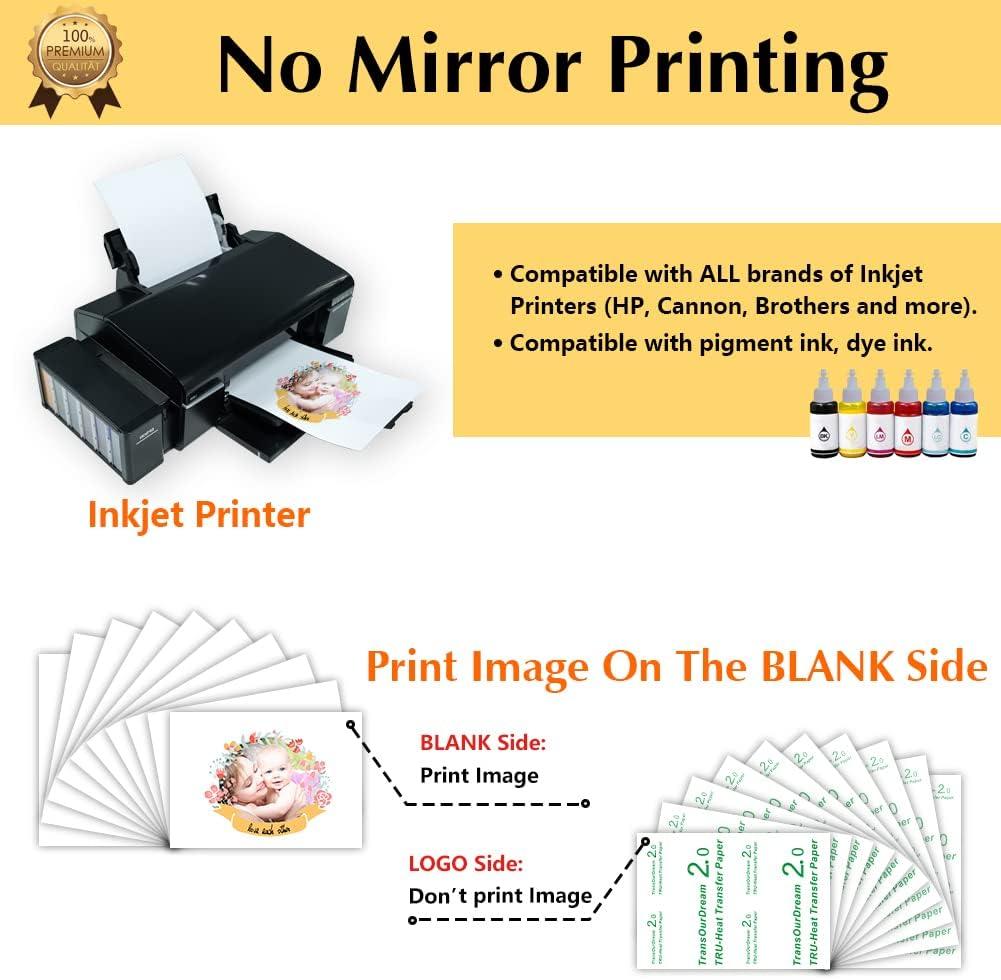 TransOurDream Printable Iron on Heat Transfer Paper for Dark Fabrics, Laser  & Inkjet Printable, 8.5x11, 20 Heat Transfers