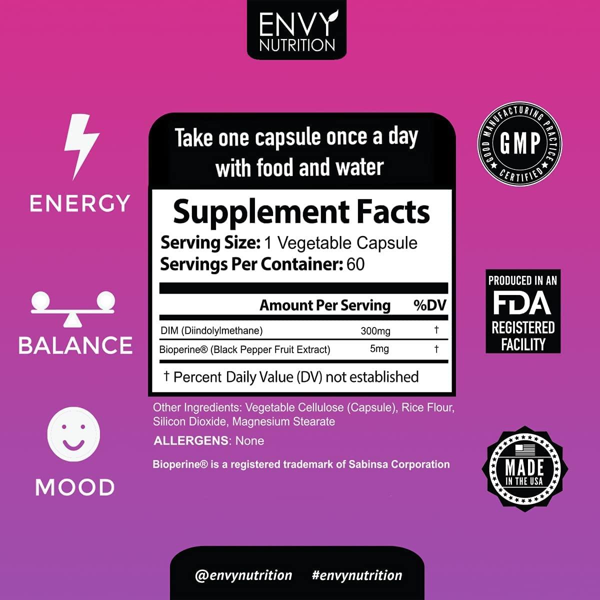 Envy Nutrition DIM Supplement- Estrogen Supplement for Women and Men -  Estrogen for Women Metabolism, Menopause Relief, Energy & Mood  Diindolylmethane