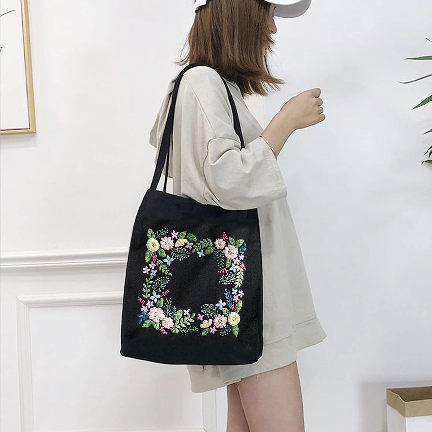  bunquax Black Canvas Tote Bag Embroidery Kit for Beginners,  with Pattern and Instruction Include Embroidery Bag with Flower Pattern,  Bamboo Embroidery Hoops, Color Threads and Tool (Black)
