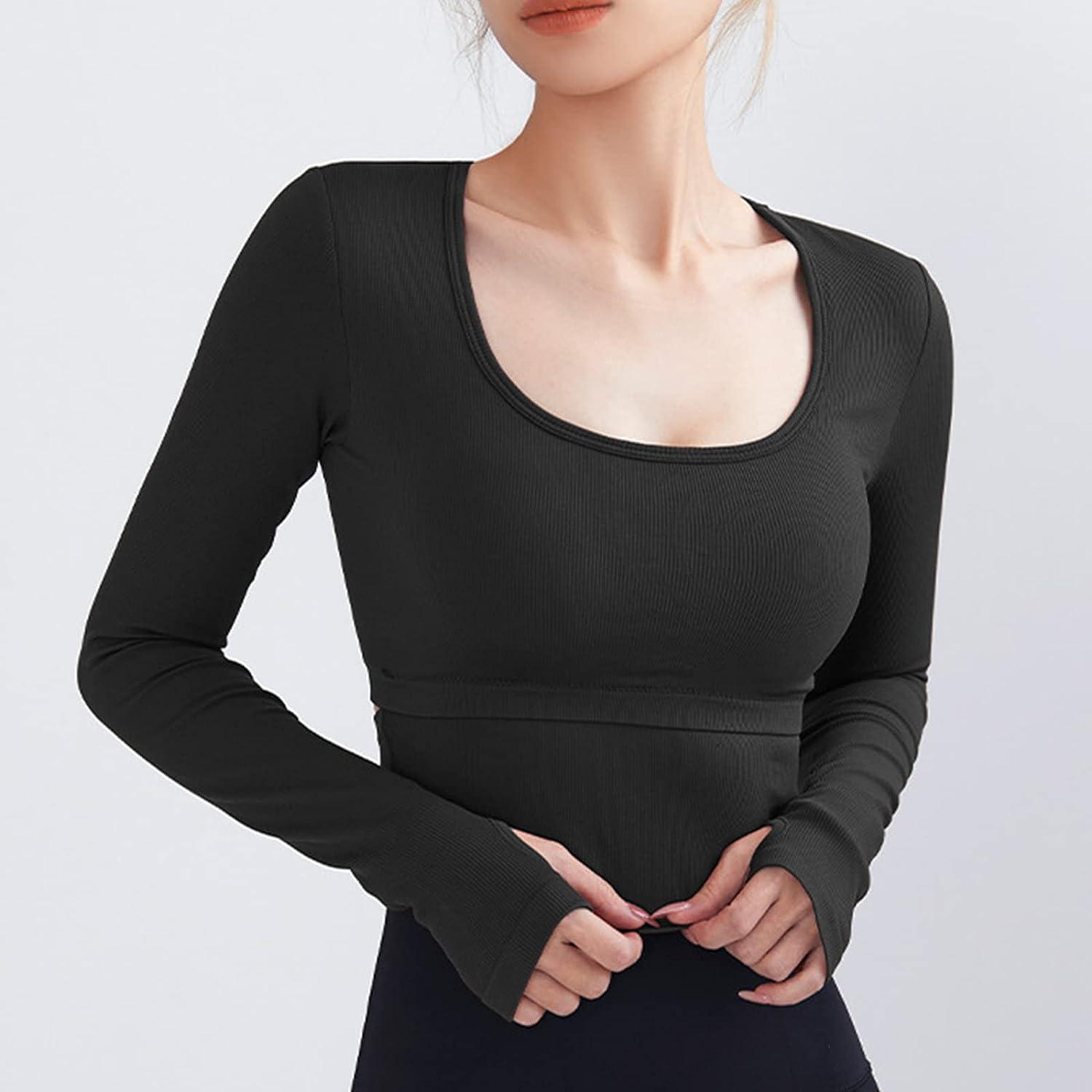 Women's Padded Sports Top Long Sleeve Strappy Backless Workout Tops With  Thumb Hole