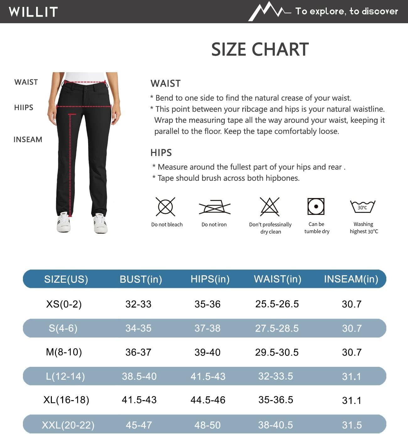 Women's hiking pants size table