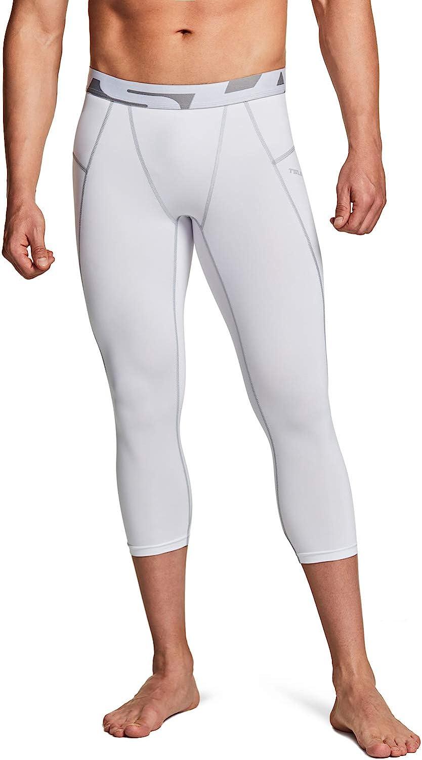 TSLA Men's 3/4 Compression Pants, Running Workout Tights, Cool Dry Capri  Athletic Leggings, Yoga Gym Base Layer Control Capris White Large