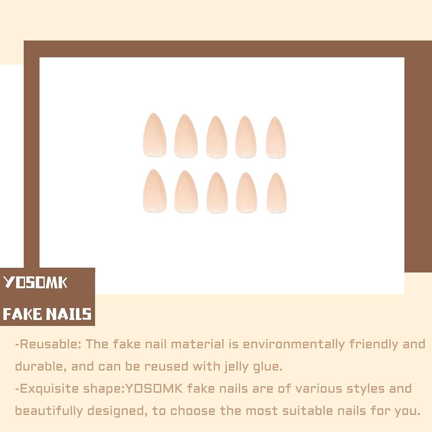 YOSOMK Nude Press on Nails Almond Shaped Fake Nails Medium Glossy Stick on  Nails Natural Full Cover False Nails Acrylic Glue on Nails for Women