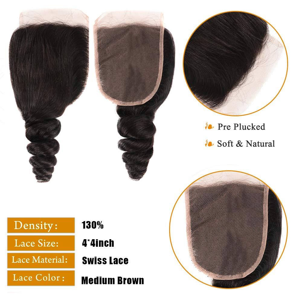 Brazilian Virgin Hair Loose Wave Bundles Human Hair 100% Unprocessed Loose  Wave 3 Bundle with Free Part Closure (10 12 14+10) Human Hair Extensions