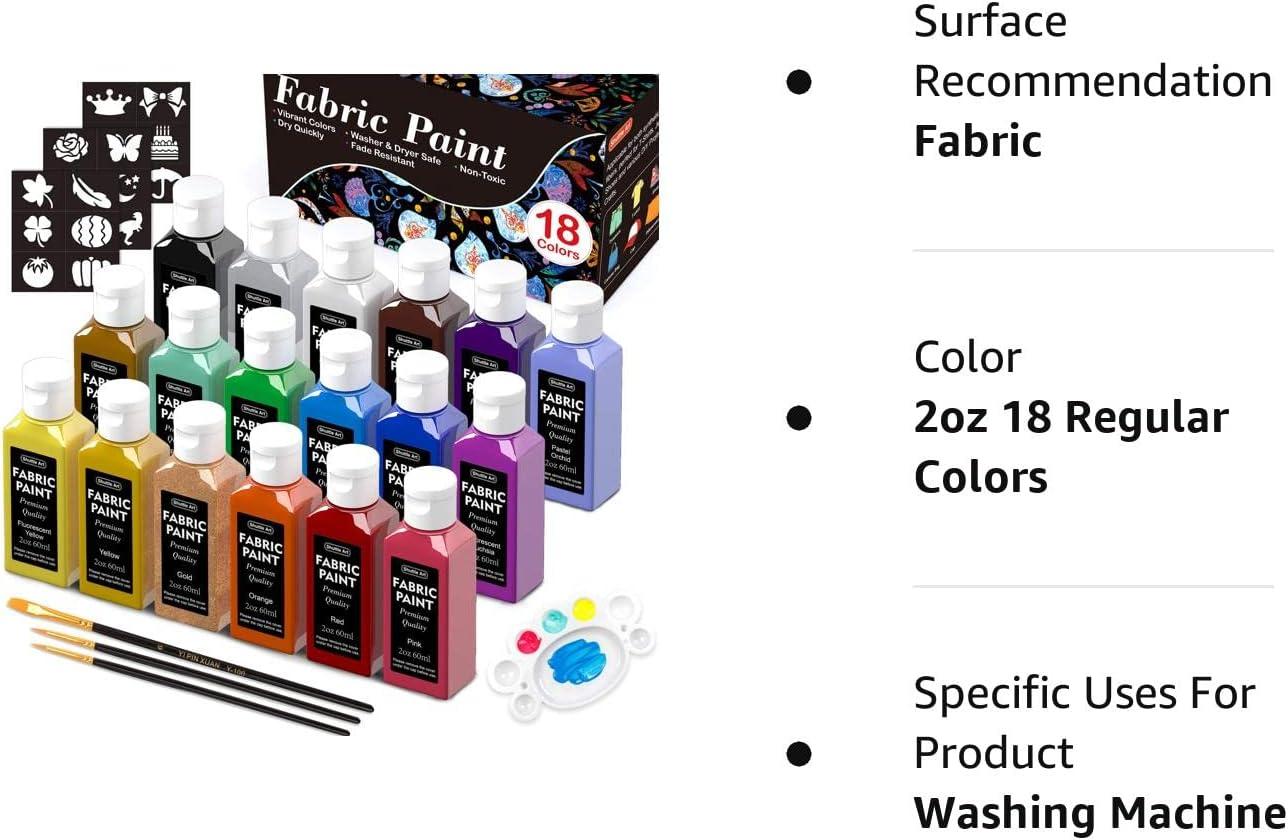 Fabric Paint Shuttle Art 18 Colors Permanent Soft Fabric Paint in Bottles  (60ml/2oz) with Brushes Palette Stencils Non-Toxic Textile Paint for T- shirts Shoes Jeans Bags DIY Projects&Art Crafts