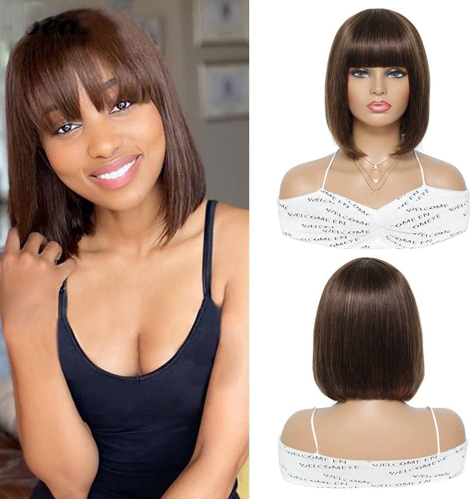  BECUS Short Bob Wigs with Bangs Brazilian Silky Straight Remy  Human Hair Wigs for Women 130% Density None Lace Front Glueless with Free  Wig Cap 10 inches (Natural Black #1B) 