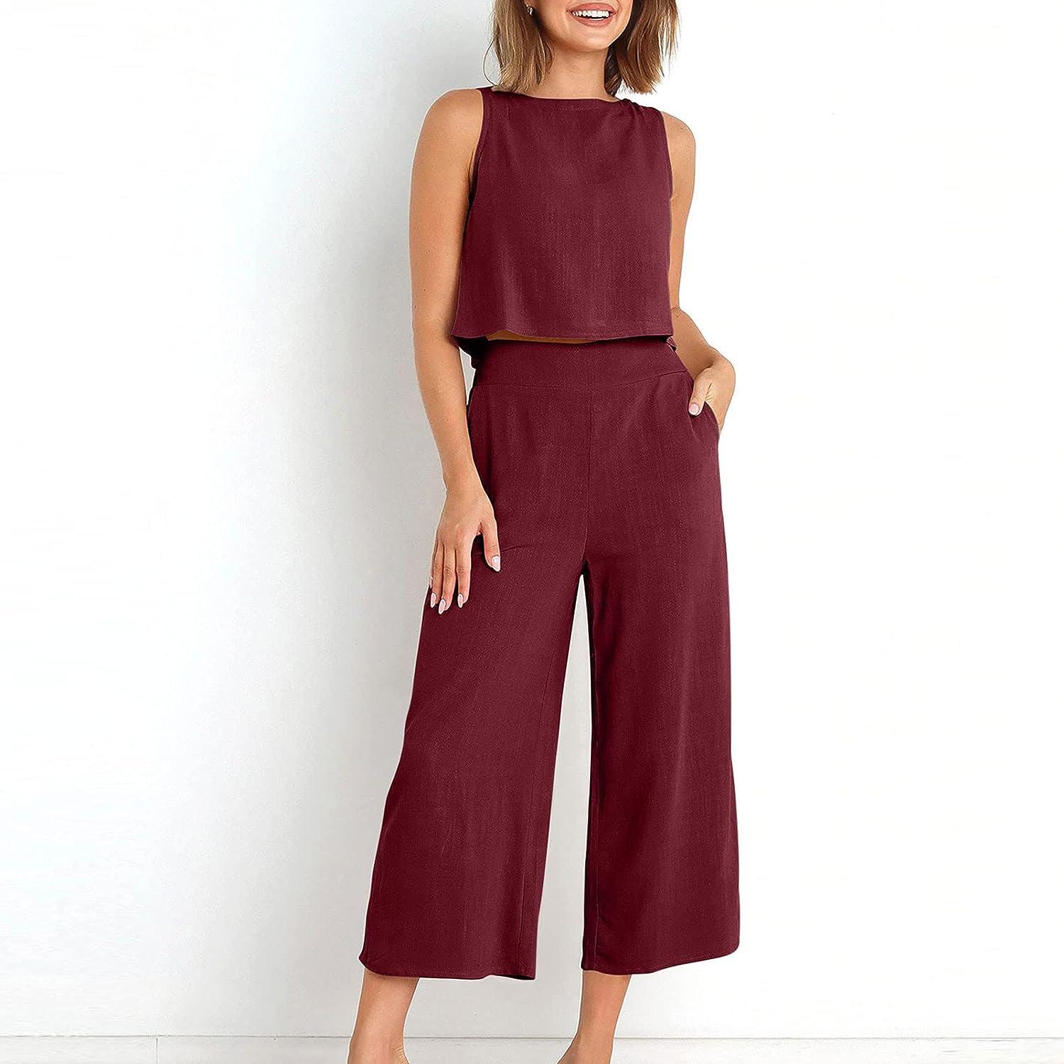 Linen Crop Top Pants Set, 2 Piece Set Women Linen Suit