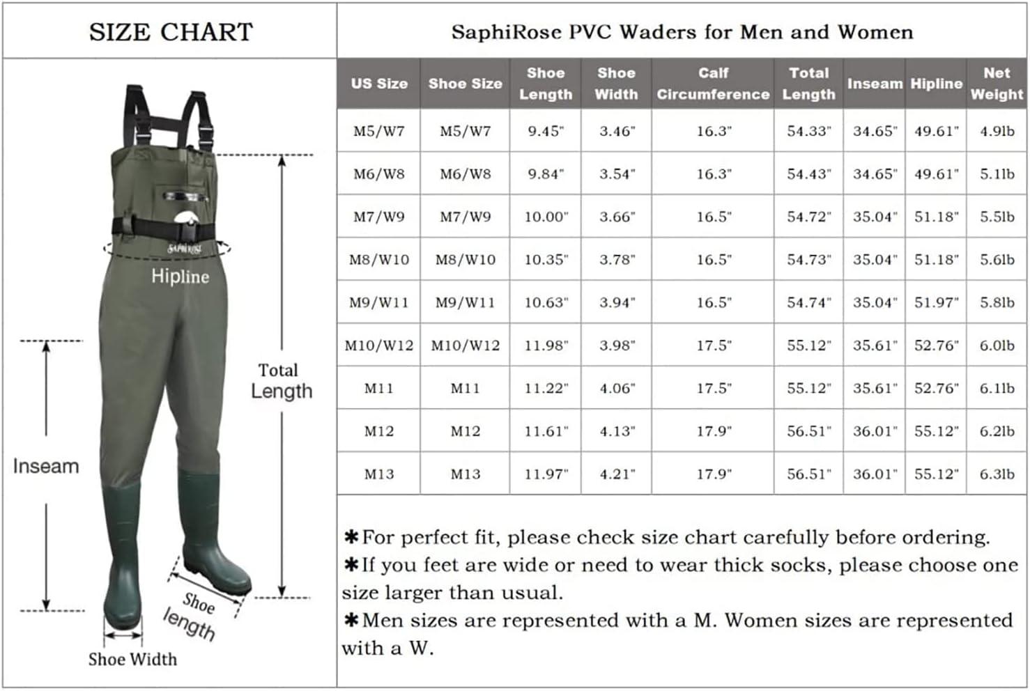 SaphiRose Men's Bootfoot Chest Wader 2-Ply Nylon/PVC Waterproof Fishing &  Hunting Waders with Boots Hanger for Men and Women Black Men 10/Women 12