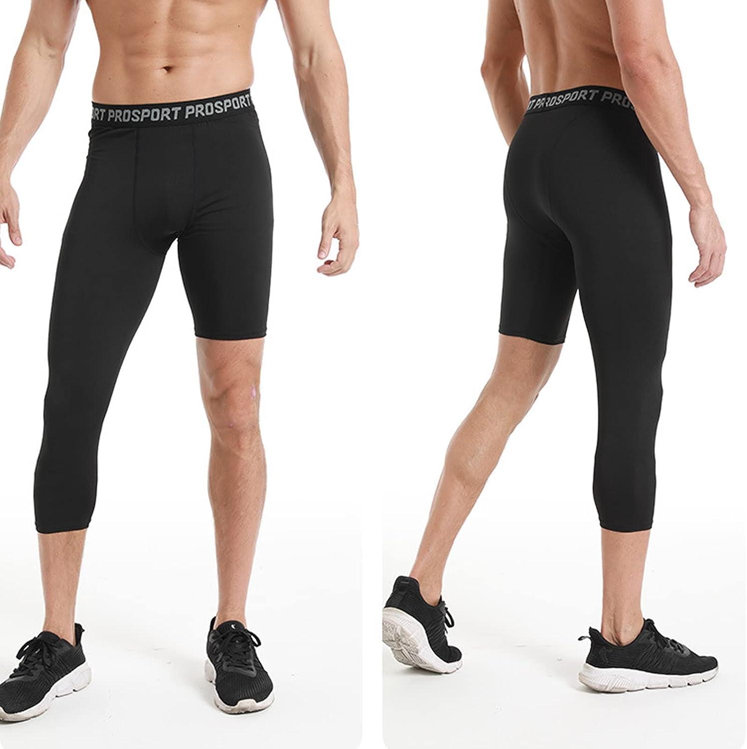 2 Pcs Men's Compression Pants 3/4 One Leg Capri Athletic Sports Leggings  Base Layer Bottoms for Running Basketball