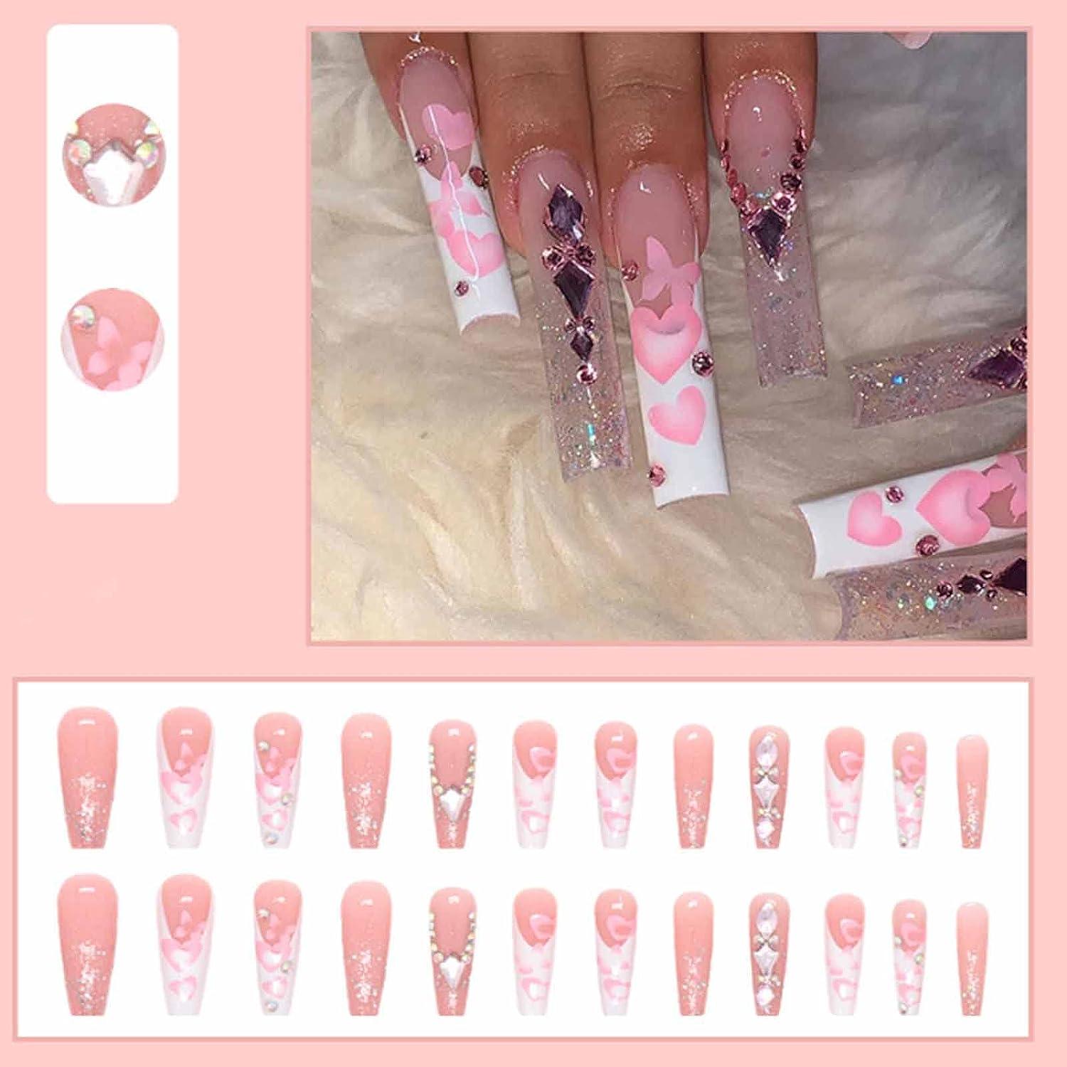 Full Rhinestones Pink Fake Nails French Long Coffin Full Cover Press On  Nails