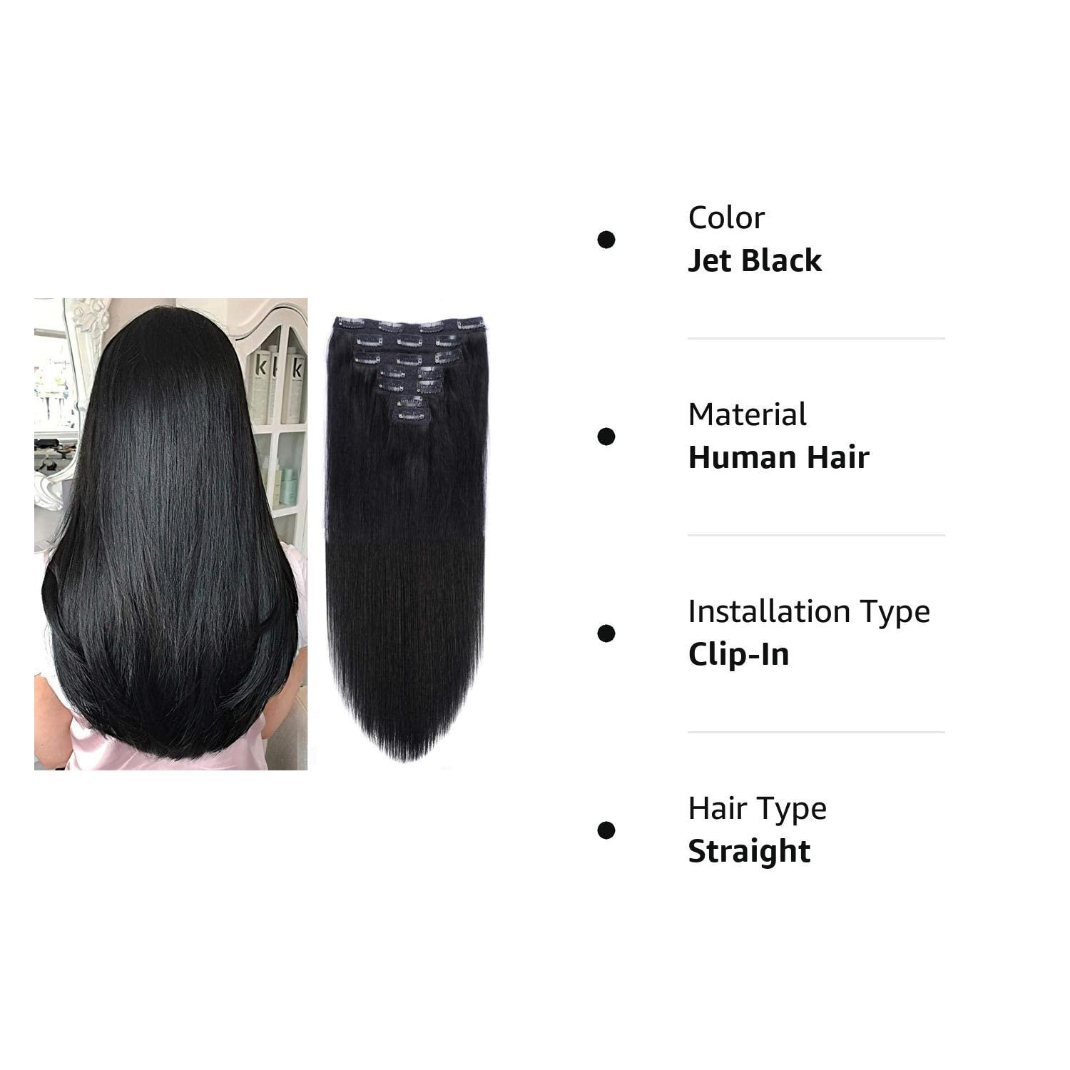 Faaal 22in Clip in Human Hair Extensions Full Head 200g 10 Pieces 22 Clips 1#Jet Black Double Weft Brazilian Real Remy Hair Extensions Thick Straight