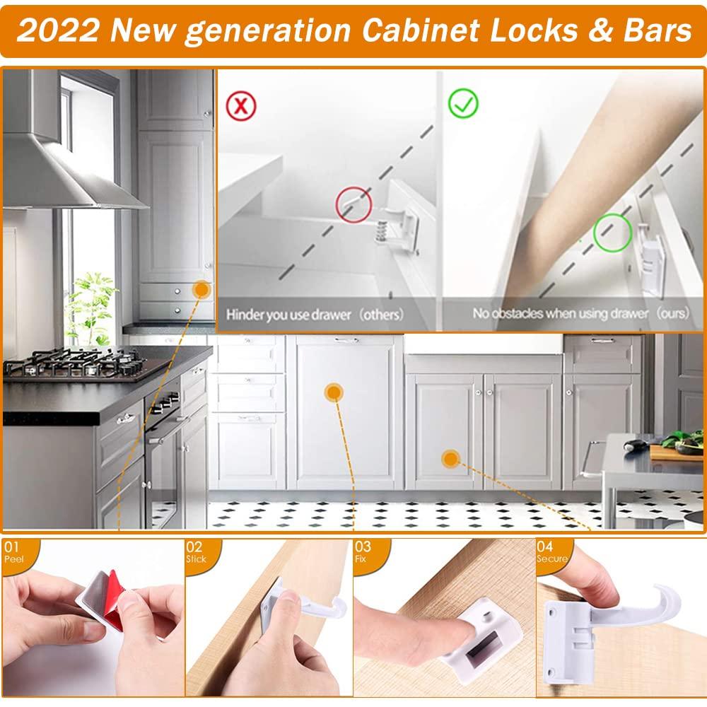 14 Pack Baby Proof Cabinet Latches, Childproof Drawer Latches with 12 Extra  3M Adhesives, Adjustable No Drilling Child Safety Cabinet Locks Straps