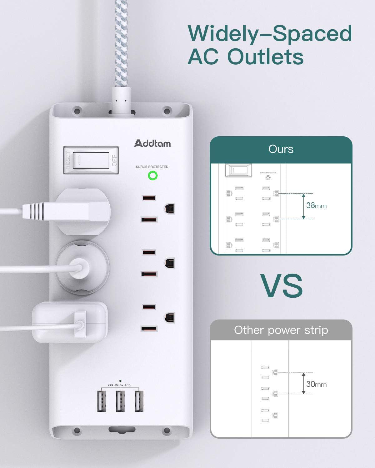 Power Strip Surge Protector Addtam 10ft Long Extension Cord With 6 Outlets And 3 Usb Ports 1668