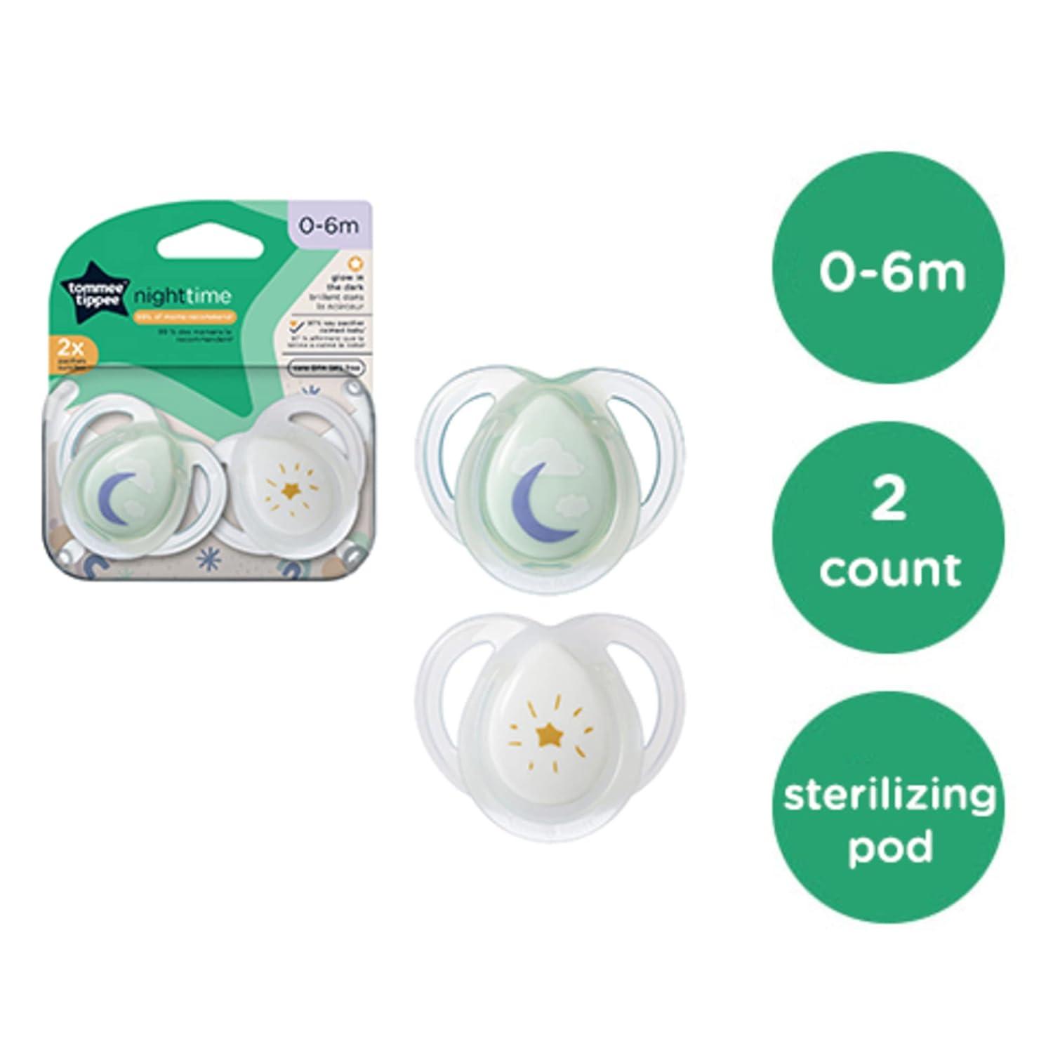 Tommee Tippee Night Time Glow in The Dark Pacifiers Symmetrical Design  BPA-Free Silicone Nipple Includes Sterilizer Box 0-6m 2 Count 0-6 Months