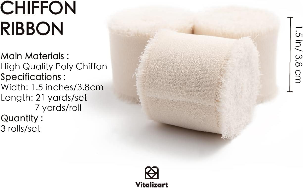 Vitalizart Ivory White Chiffon Silk Ribbon 1 x 21Yd Fringe Fabric  Eco-Friendly Package (3 Rolls *7Yd) for Wedding Invitations, Bridal  Bouquets