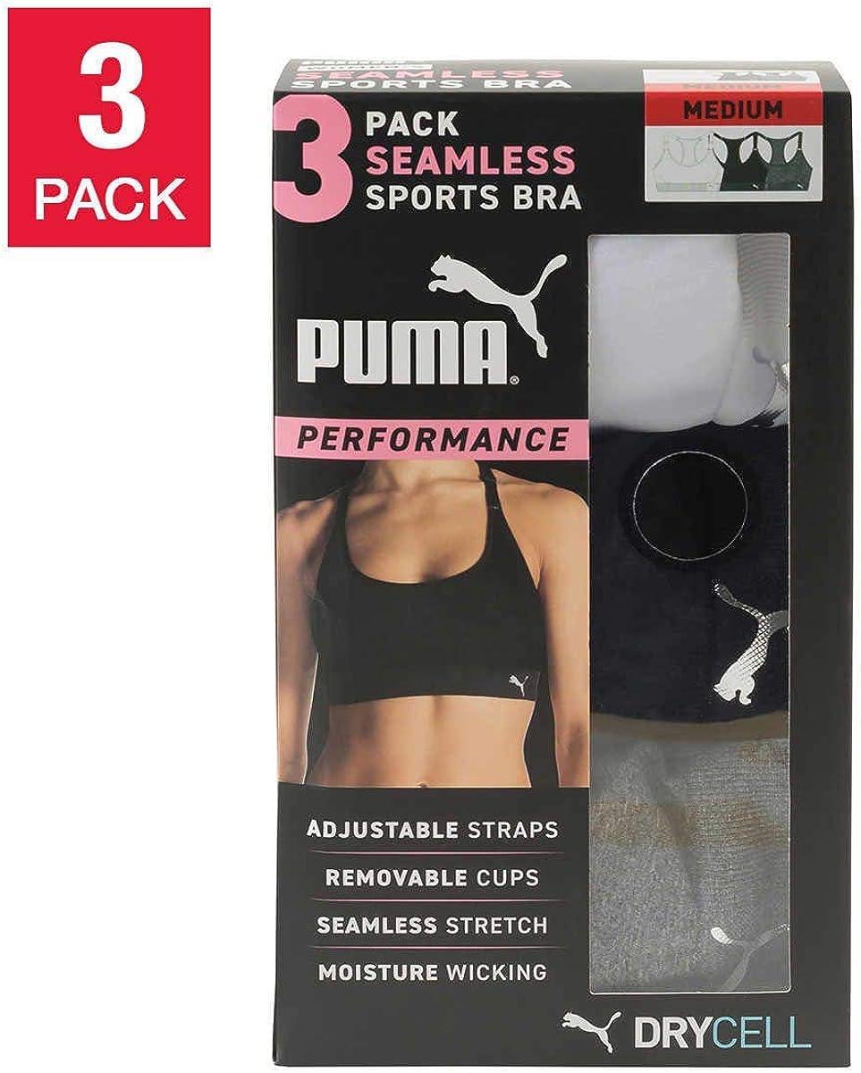 PUMA Ladies' Racerback Sports Bras 3-Pack, Black/White/Gray Large