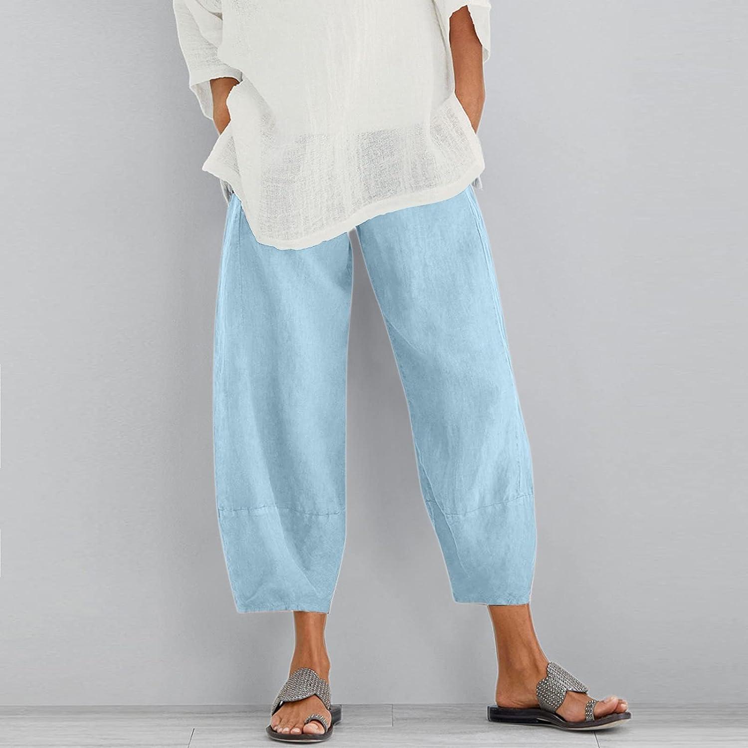 MALAIDOG Womens 2023 Trendy Linen Capri Pants Solid Color Soft Loose High  Waistband Wide Leg Flowy Yoga Trousers with Pockets Sky Blue-c X-Large