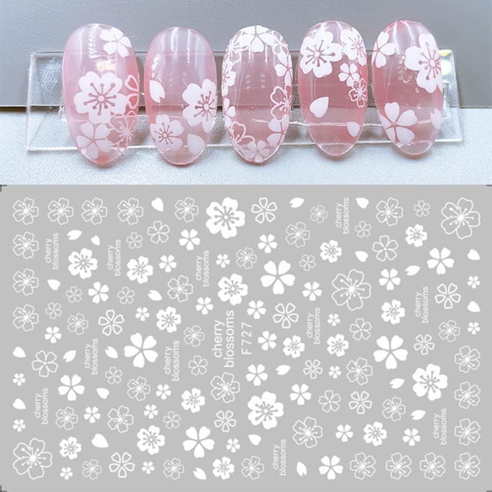 Hautn White Nail Stickers Flower Nail Art Stickers, 4 Sheets White Cherry Blossom Nail Decals 3D Self-Adhesive Nail Art Supplies Manicure Tips Accessories