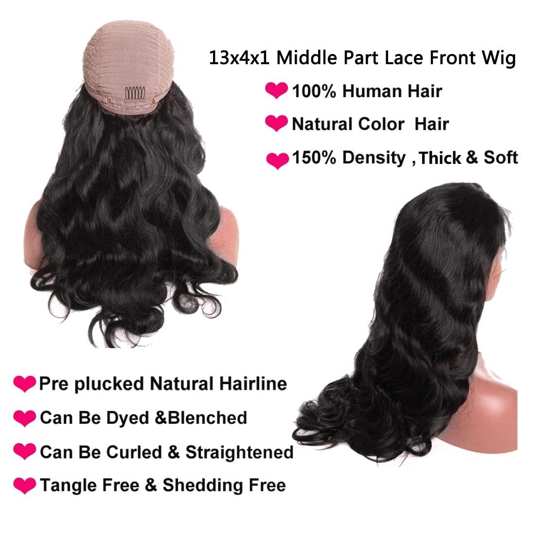 13x4X1 Lace Front Human Hair Wig Body Wave Middle Part Wigs for Black Women  T Part Wigs Virgin Hair Body Wavy Medium Part Glueless Lace Frontal Wigs  150 Density Frontal Wig Ear