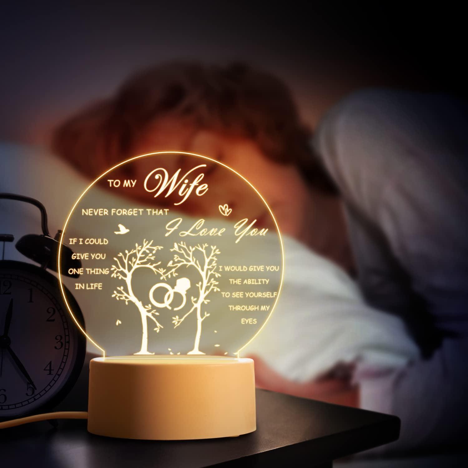 Gift for Wife Romantic Valentines Anniversary Wedding, Engraved Night Light Valentines  Gift for Wife, 7 Colors LED Lamp for Wife
