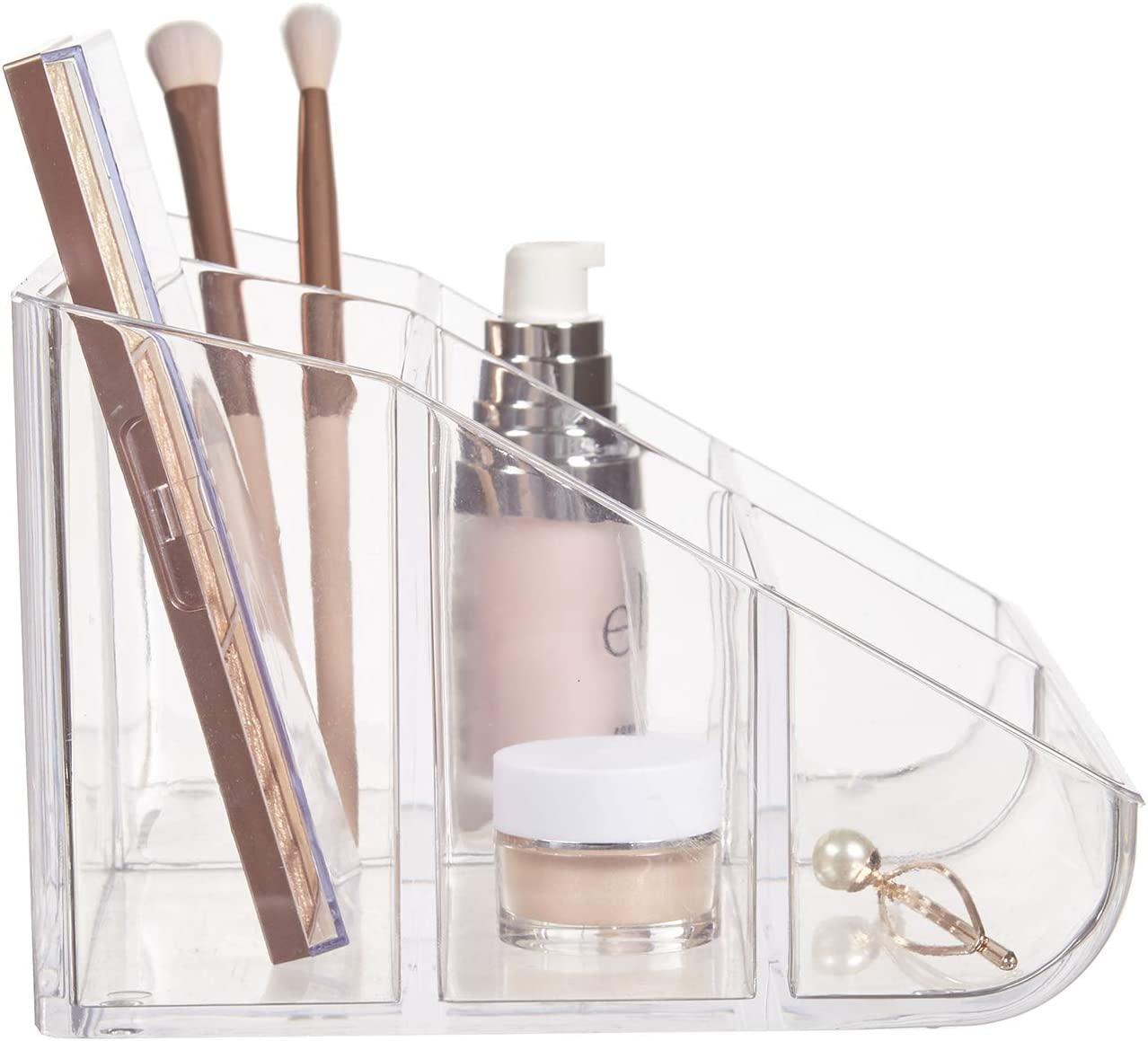 STORi Clear Plastic Vanity Makeup Organizer | 6-Compartment Holder for  Brushes, Eyeshadow Palettes, & Beauty Supplies | Curved Front Design | Made  in
