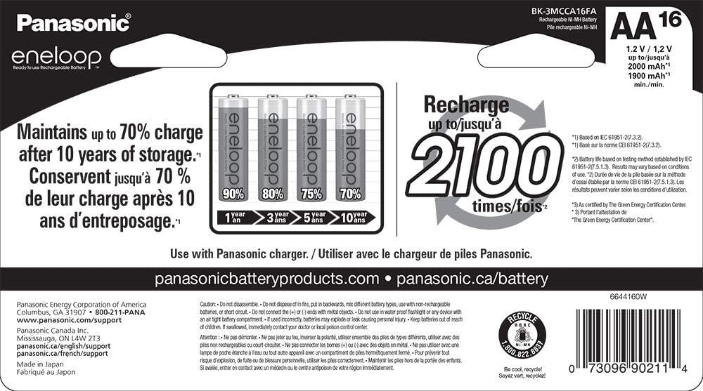 Panasonic Eneloop BK-3MCCA16FA Pre-Charged Nickel Metal Hydride AA  Rechargeable Batteries, 16-Battery Pack 