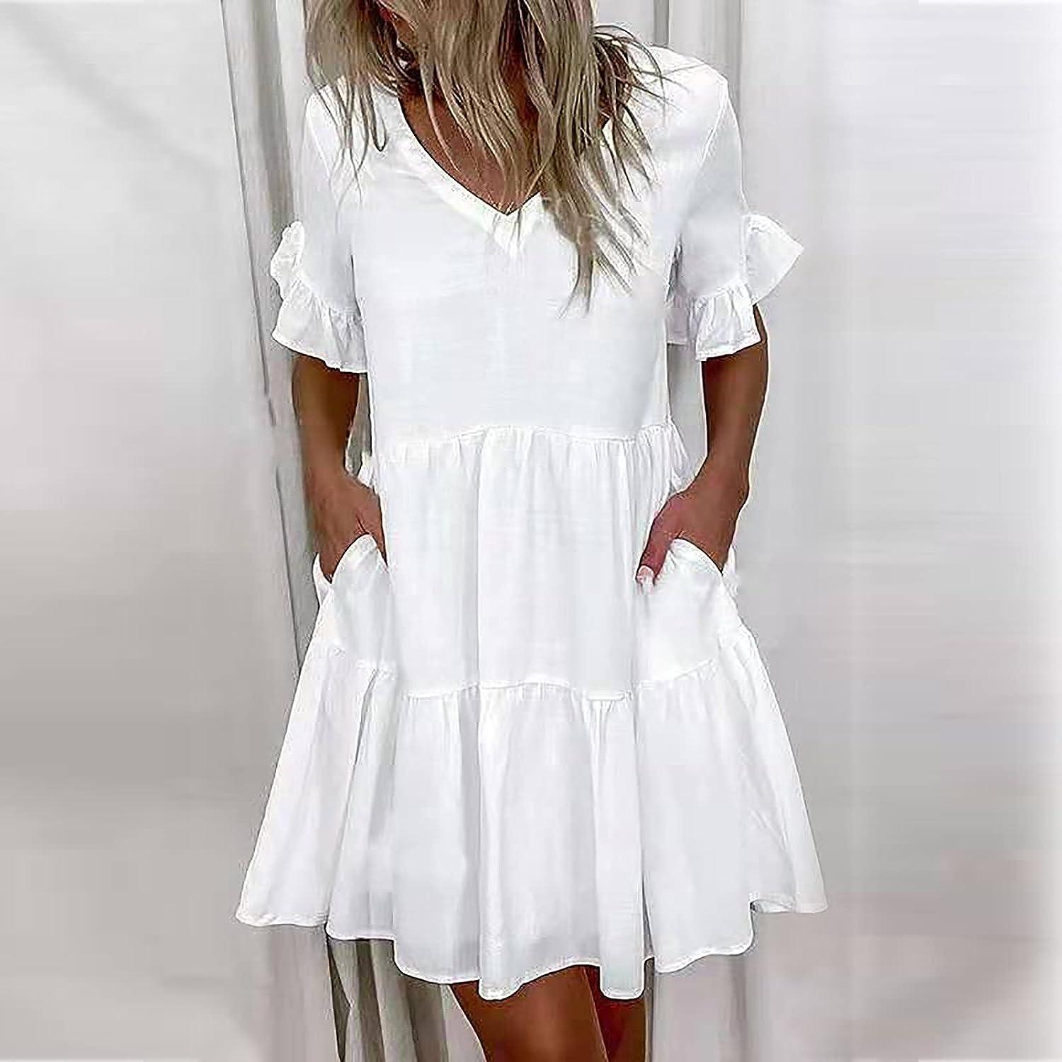 Summer Plus Size Women Short Sleeves Pleated Solid Patchwork Casual Dress  Party