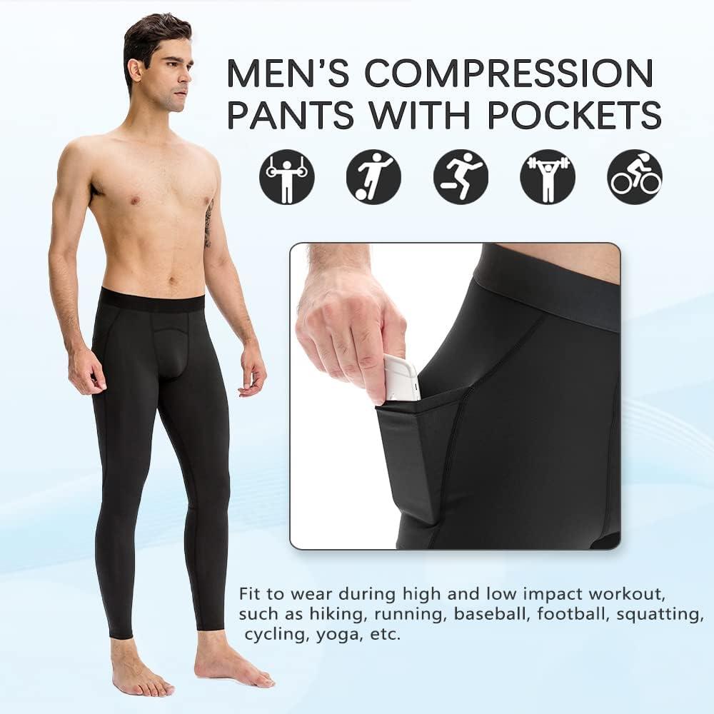 Men Compression Leggings Male Workout Football Pants with Pockets Cool Dry  Gym Running Tights Size Large