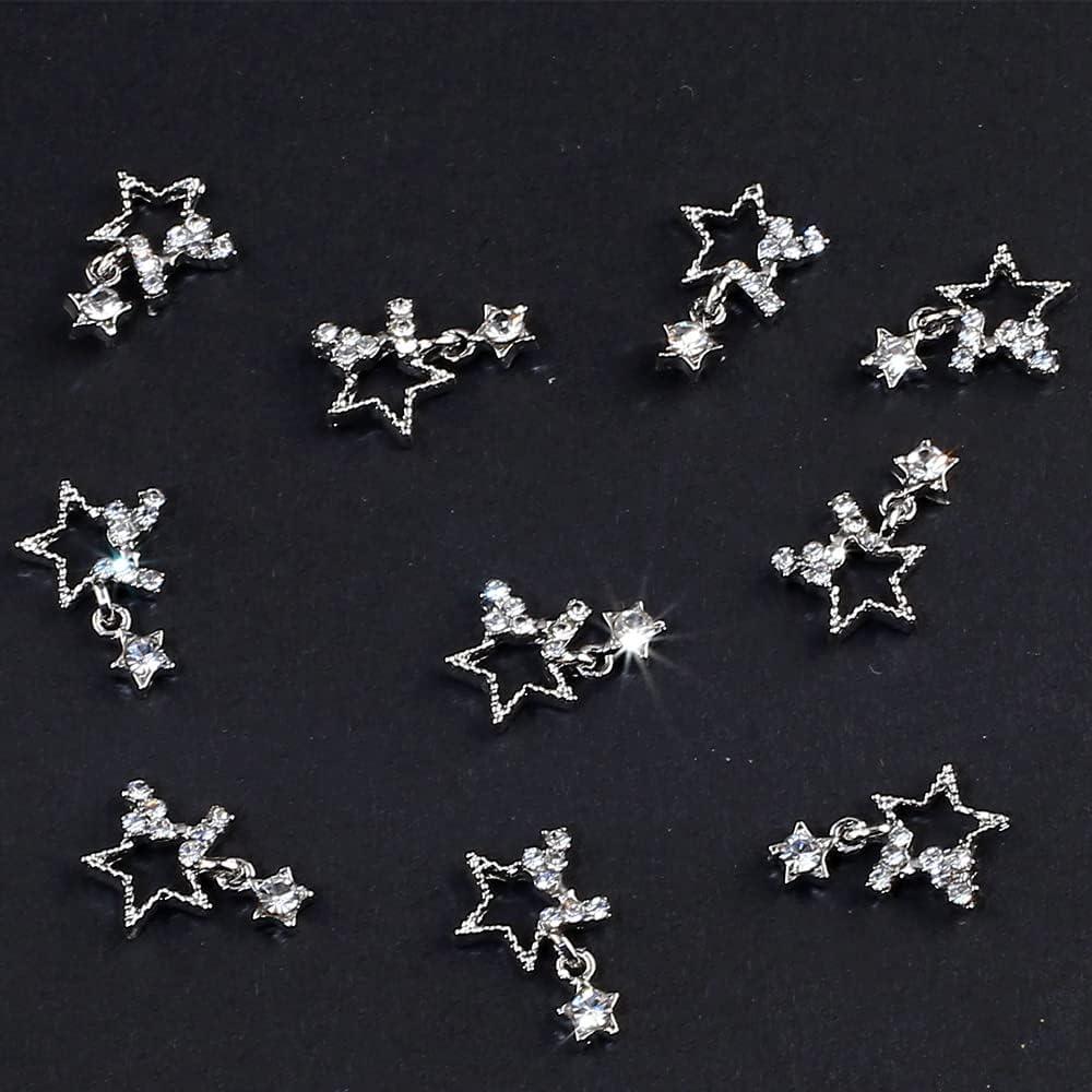 10Pcs Gold/Silver Stars Crystal Nail Charm Metal Flatback Dangle Alloy  Parts 5-Pointed Star Gems Stone Rhinestone Manicure Decor